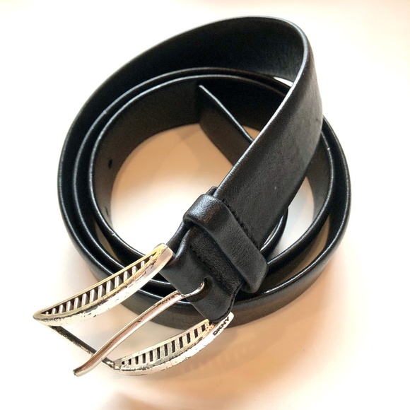 DKNY Black Leather Belt with Silver Tone Buckle, Vintage, Men's Size 38 - Picture 1 of 12